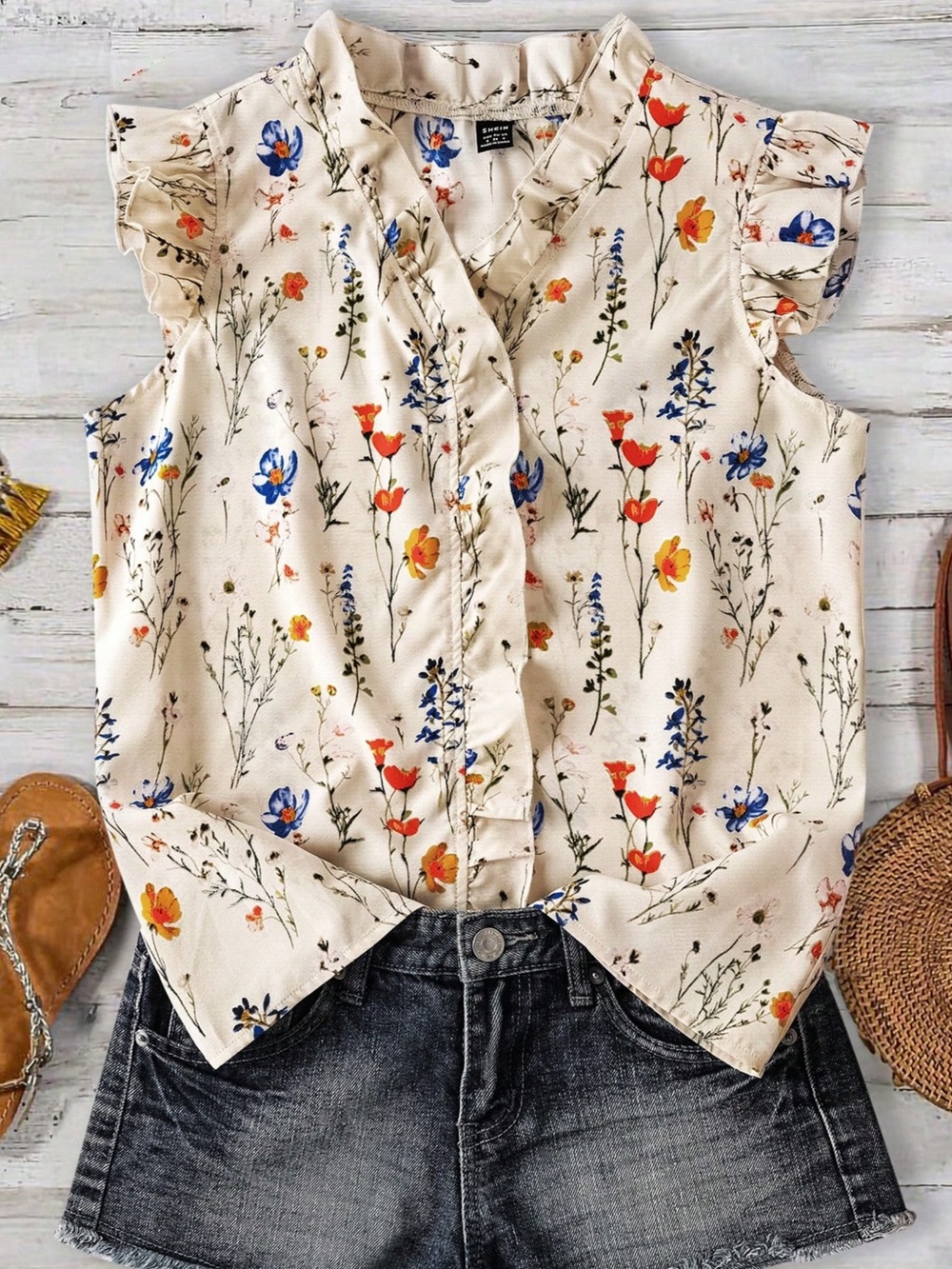 SHEIN Cream Floral Ruffle Boho Blouse Top